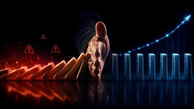 Financial crisis prevention and risk management concept with business hand stopping falling dominoes and upward growth chart arrow