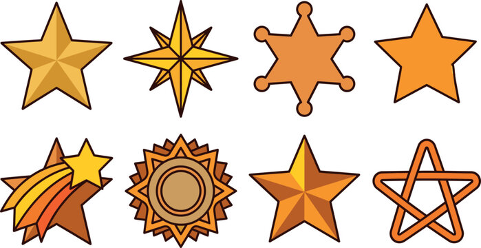 Golden Star Icon Set with Sheriff Badge, Compass Rose, Shooting Star, Sun Burst, and Geometric Symbol Variants for Creative Graphic Design Projects