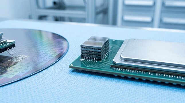 AI memory constraint concept with stacked dram packages, silicon wafer, probe card, processor package, and semiconductor equipment on an esd mat.