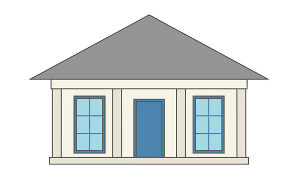 Minimalist architectural line drawing of a contemporary single-story cottage with a porch and pitched roof on a white background, housing and real estate concept