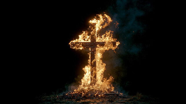 A large wooden Christian cross burns fiercely in a dark environment, with bright orange flames and embers against a black background.