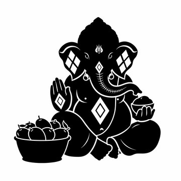 Black and white silhouette of Lord Ganesha with fruit bowl