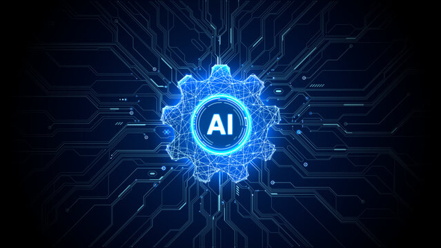 Digital gear AI concept on tech circuit background, abstract blue technology gear with artificial intelligence, automation and futuristic glow. Vector illustration.