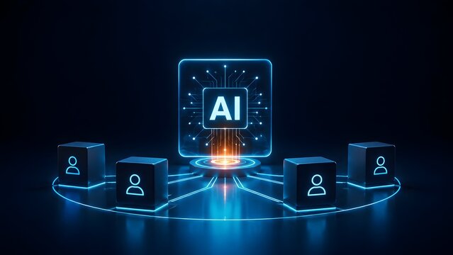 Glowing futuristic artificial intelligence hub connecting to user blocks representing digital network communication and smart workforce management