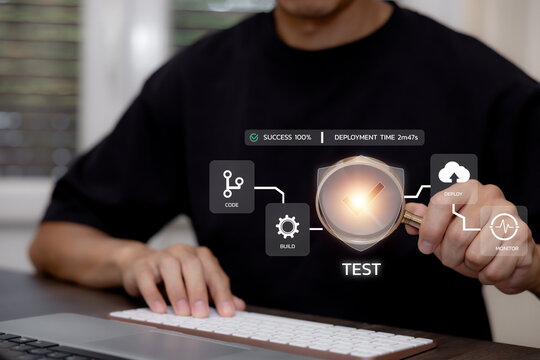 DevOps automation workflow with code, build, testing, cloud deployment and monitoring stages, representing continuous integration, delivery and software quality assurance.
