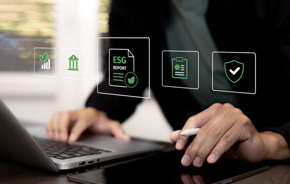 ESG reporting interface with sustainability metrics, governance, audit checklist and verified compliance, representing corporate responsibility, risk oversight and responsible business strategy.

