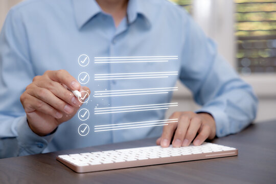 Digital checklist with verified tasks and completion status, representing workflow management, quality control, compliance review and business process improvement.
