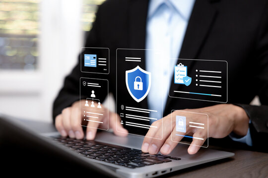 Identity and access management interface with security shield, user permissions, audit checklist and authentication controls, representing cybersecurity compliance and secure workforce access.
