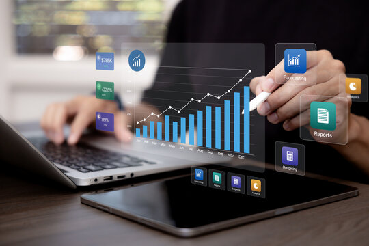 Financial forecasting dashboard with revenue growth, budgeting, reports and analytics tools, representing strategic planning, performance monitoring and data-driven decisions.
