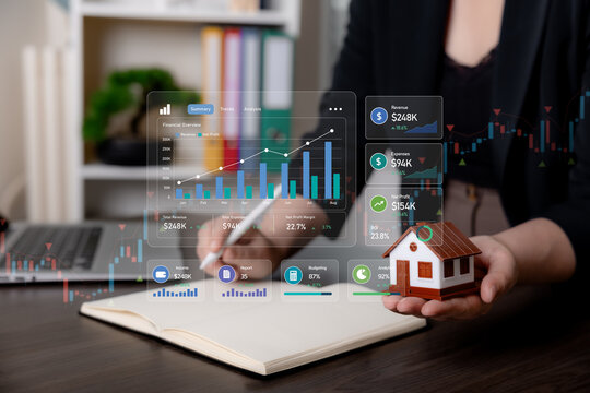 Real estate financial analytics with revenue, expenses, net profit, ROI and property performance metrics, representing investment planning, budgeting and portfolio management.