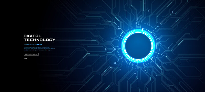 Digital neon light background with blue circuit portal, abstract tech glow and futuristic light effect on technology background with copy space. Vector illustration.