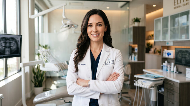 Confident female dentist smiling in modern dental clinic wearing white coat with arms crossed symbolizing professional oral healthcare expertise hygiene and patient trust  generative ai