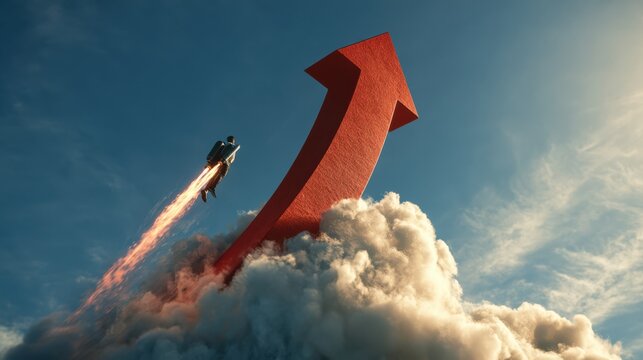 A person with a jetpack ascends alongside a large red upward arrow emerging from clouds, symbolizing growth, progress, and ambition.