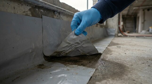 Builder's gloved hand carefully inspects and adjusts a waterproof membrane installation on a concrete floor during renovation work, ensuring damp proofing integrity for new construction