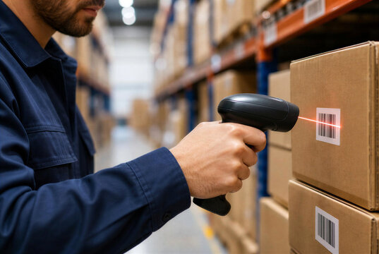 Male Logistics Worker Checking Inventory with Barcode Reader in Warehouse