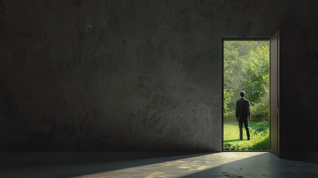 A figure stands at the doorway to nature.