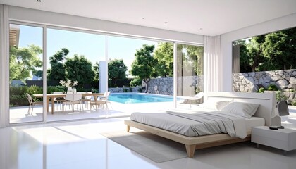 Fototapeta premium Luxury master bedroom suite overlooking private swimming pool.