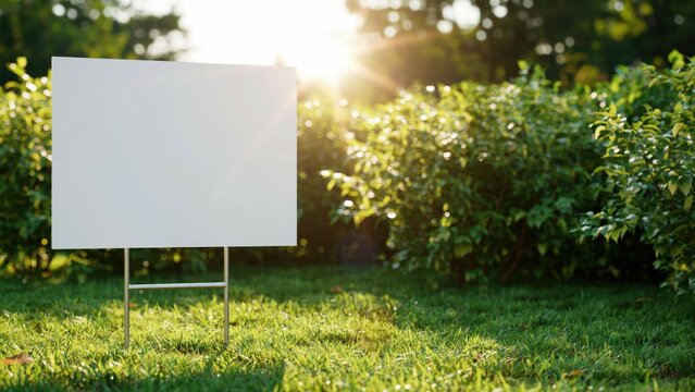 Mockup blank yard sign in a sunny garden