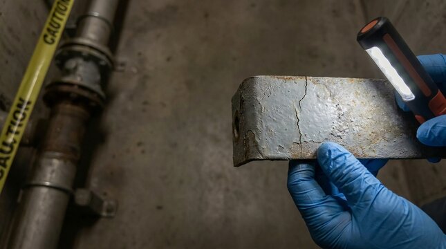 Industrial Maintenance Technician Inspecting Corroded Metal Component with Flashlight for Structural Integrity Assessment in Underground Facility