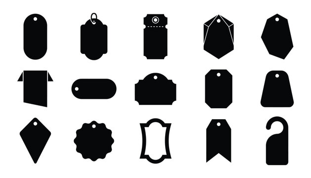 Set of various black silhouette shapes representing a price tag badge label collection for retail marketing promotion and product branding design isolated on white background