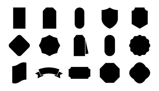 A collection of various black silhouette shapes representing a versatile price tag badge label set for retail marketing branding and promotional design projects on white