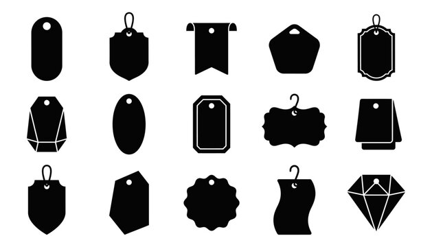 A collection of black silhouette icons featuring various shapes for a price tag badge label design element set for retail marketing and product sales promotion