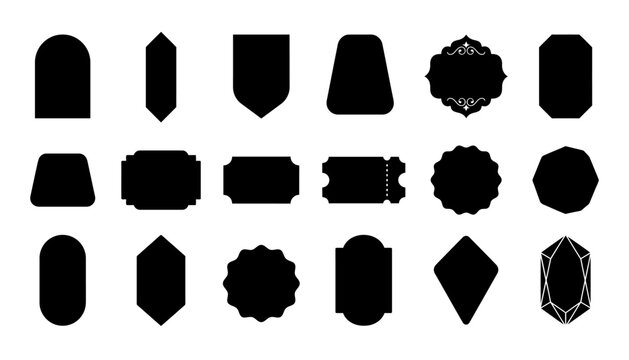 A collection of various black silhouette shapes representing a versatile price tag badge label set for retail marketing sales promotions and creative design project elements