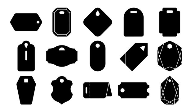 A collection of various black silhouette shapes representing a price tag badge label design set for retail marketing sales promotion and product branding template icons