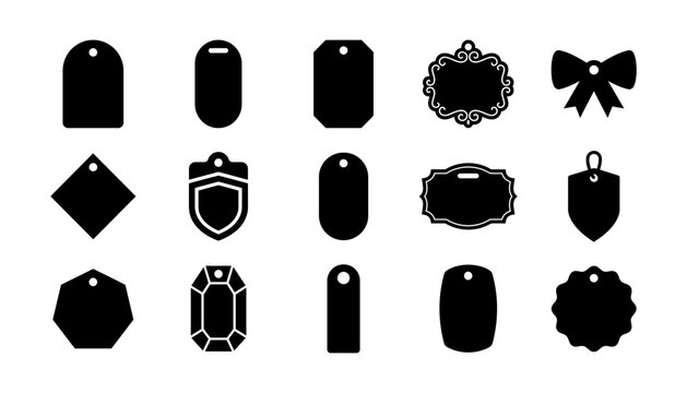 A collection of black silhouette shapes featuring various price tag badge label designs for retail promotion marketing sales branding and decorative product gift card elements