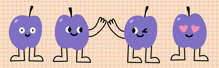 Obraz premium Funny and cute plum characters with different emotions. Playful fruit illustration