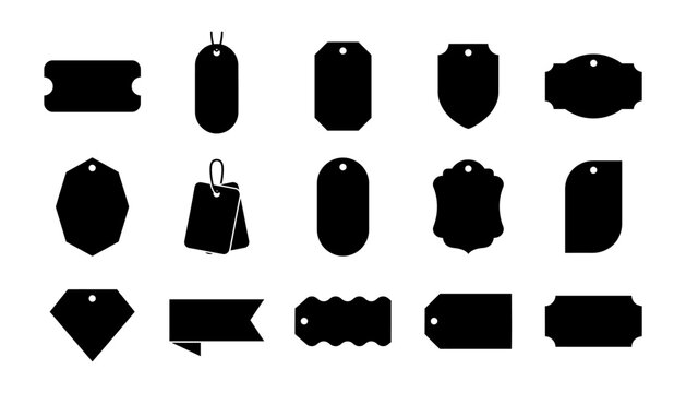 A collection of various black silhouette shapes featuring a versatile price tag badge label design set perfect for retail marketing sales promotions and product branding