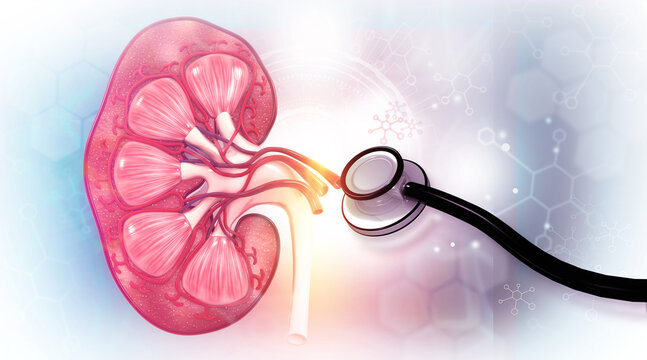 Human kidney cross-section anatomical model with stethoscope on professional medical background.3d illustration