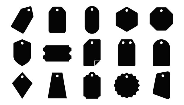 A collection of various black shapes representing a versatile price tag badge label set for retail marketing sales promotions and discount advertisement design element templates