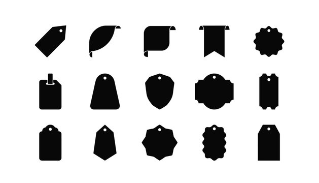 A collection of black silhouette icons featuring various shapes for a price tag badge label design element set isolated on a clean white background vector