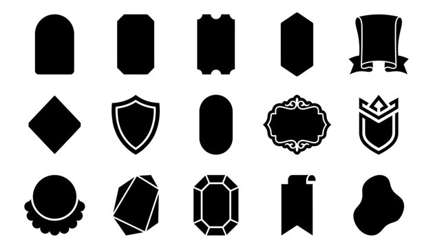 A collection of various black silhouette shapes including a price tag badge label and decorative frames for retail marketing promotions and creative graphic design projects