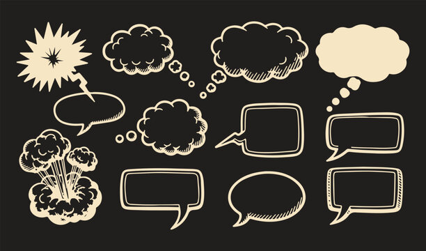A vector set of hand-drawn sketchy beige comic book speech bubbles, thought clouds, and explosion effects on a dark black background.