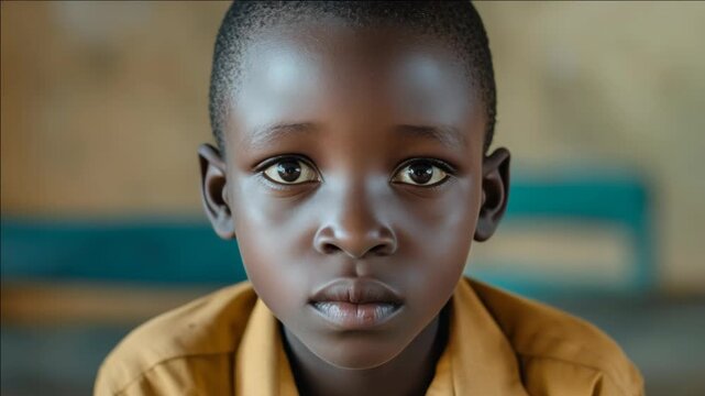 A young African boy with a contemplative look on his face.