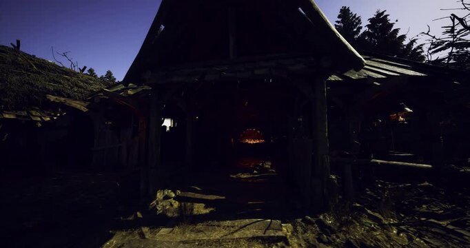 dim haunted cottage porch with warm interior glow and storyteller preparing campfire tales, lantern light through cracked window, vinechoked railing.