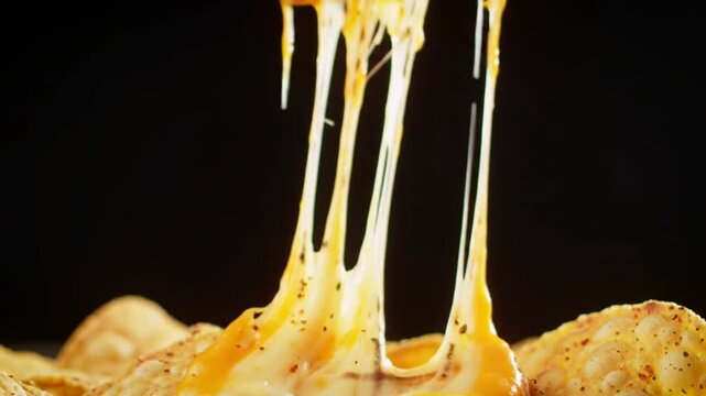 Nacho chip with melted stringy cheese pull.