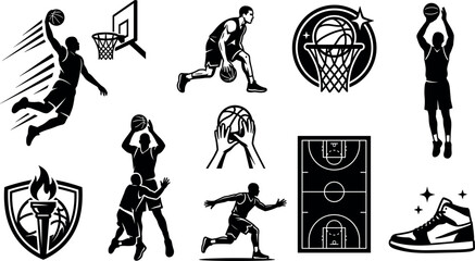 Basketball Sports Silhouette Icon Set with Slam Dunk, Dribbling, Shooting Player, Hoop Net, Torch Shield, Court Layout, and Sneaker Graphic Symbols © MdShohagAhammad
