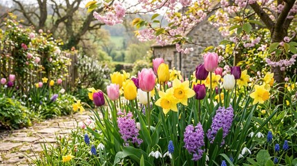 Fototapeta premium Colorful Spring Garden with Blooming Tulips Daffodils and Hyacinths in Sunny Countryside