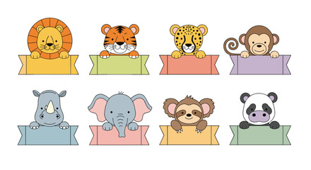 Fototapeta premium Collection of eight cute cartoon animals including a lion and tiger holding colorful blank banners for text messages.