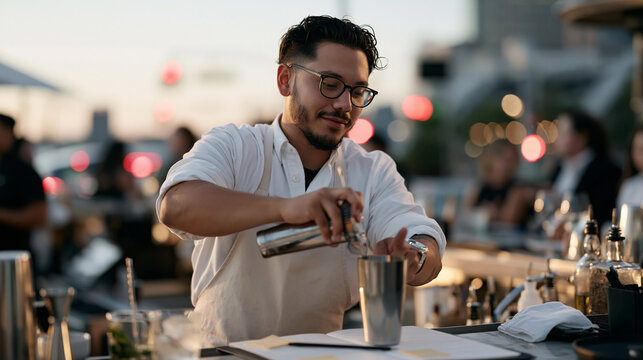 Cocktail bartender at a busy city rooftop bar in action mid shake, a career coach client notebook open on the counter between pours, sticky notes mapping out pivot industries and transferable hospit
