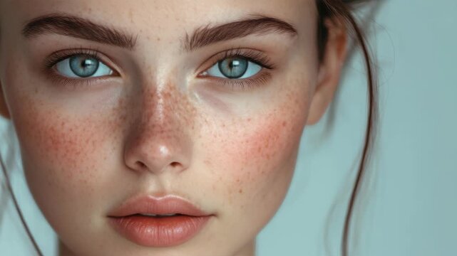 A young woman's face in profile with striking blue eyes and freckles on her skin. Her lips are slightly parted as if she is about to speak or smile.