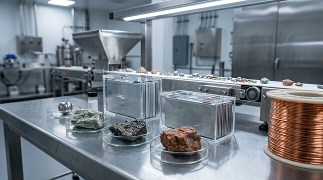 Critical minerals for energy transition with lithium, nickel, and rare earth ore samples, battery cell stack, copper wire coil, and conveyor processing line