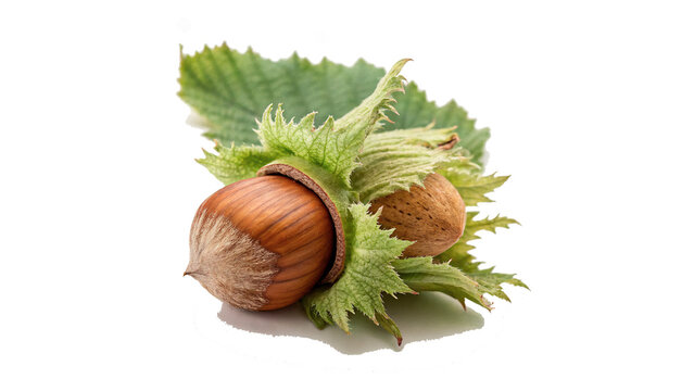 Fresh hazelnuts with green leaves ripe nuts isolated on transparent background