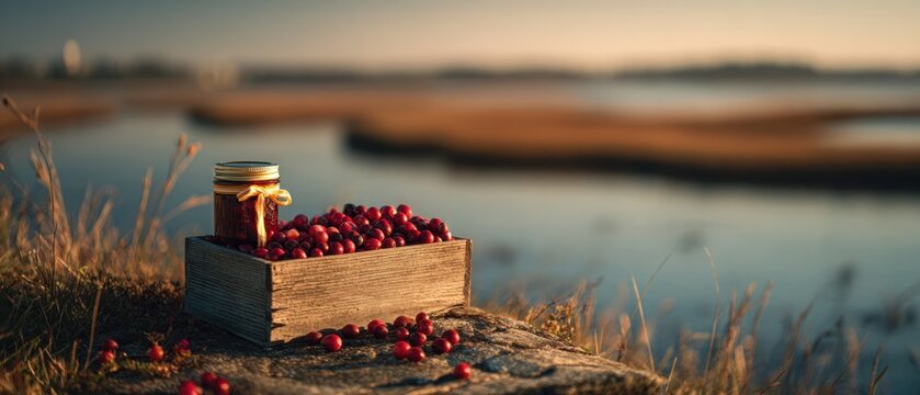Wood crate filled with fresh red cranberries and jar of jam placed on stone near water. Autumn harvest concept. Organic fruit background for food industry and Thanksgiving day.