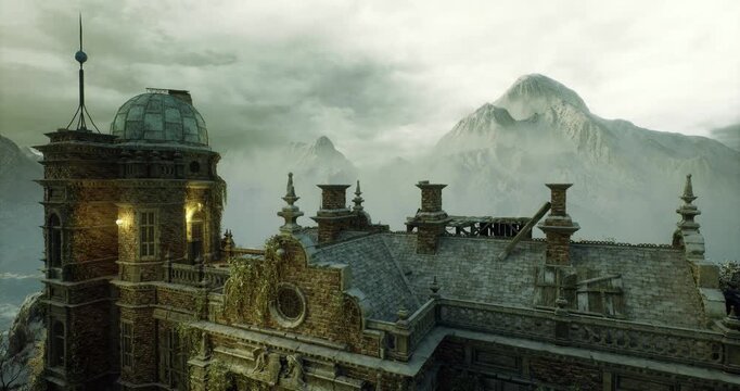 ornate observatory tower dome under twilight sky. warm lantern light spills from tall windows onto wet slate roof, distant peaks rise through low fog, pine