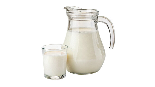 Glass jug and glass of fresh milk dairy isolated on transparent background
