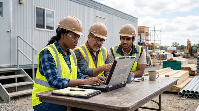 Construction team using laptop on site. Engineers reviewing project plans on computer.